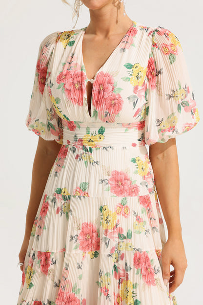 Floral Puff Sleeve Pleat Midi Dress