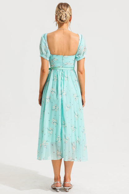 Floral Sweetheart Neck Pleated Midi Dress With Belt