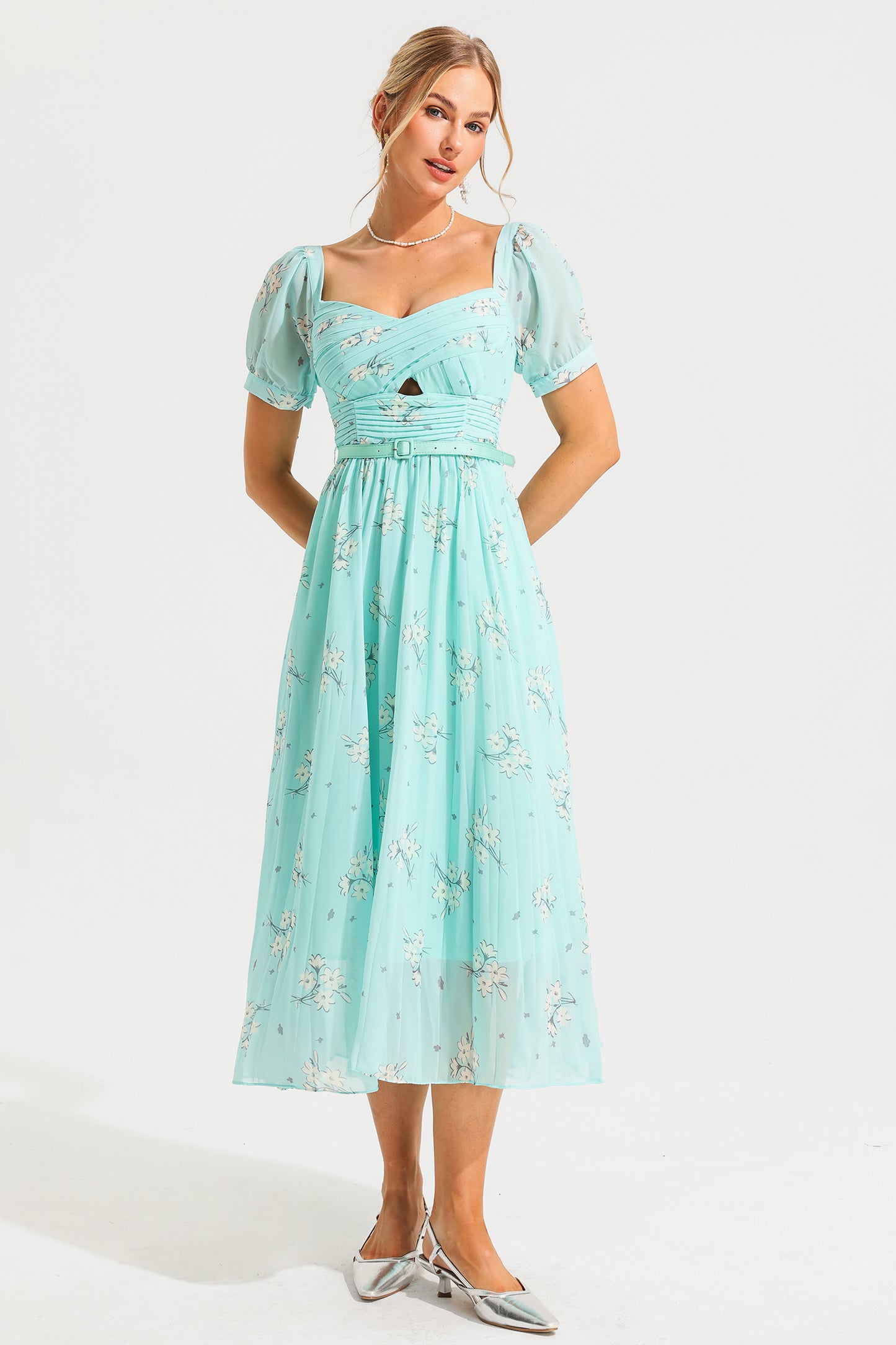 Floral Sweetheart Neck Pleated Midi Dress With Belt