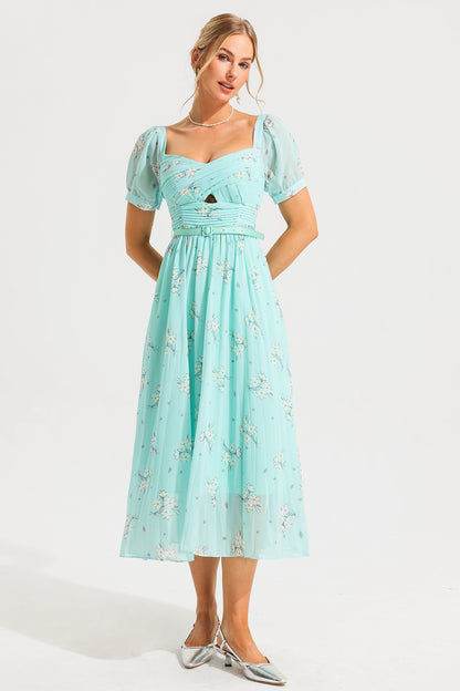 Floral Sweetheart Neck Pleated Midi Dress With Belt