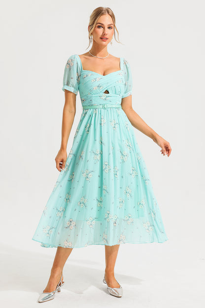 Floral Sweetheart Neck Pleated Midi Dress With Belt