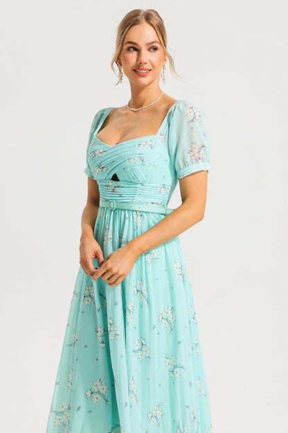 Floral Sweetheart Neck Pleated Midi Dress With Belt