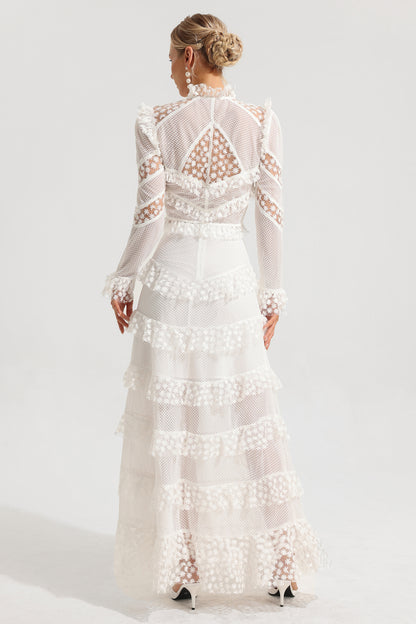 Embroidered Ball Sleeve Top & Ruffle Mid Waist Maxi Skirt Set