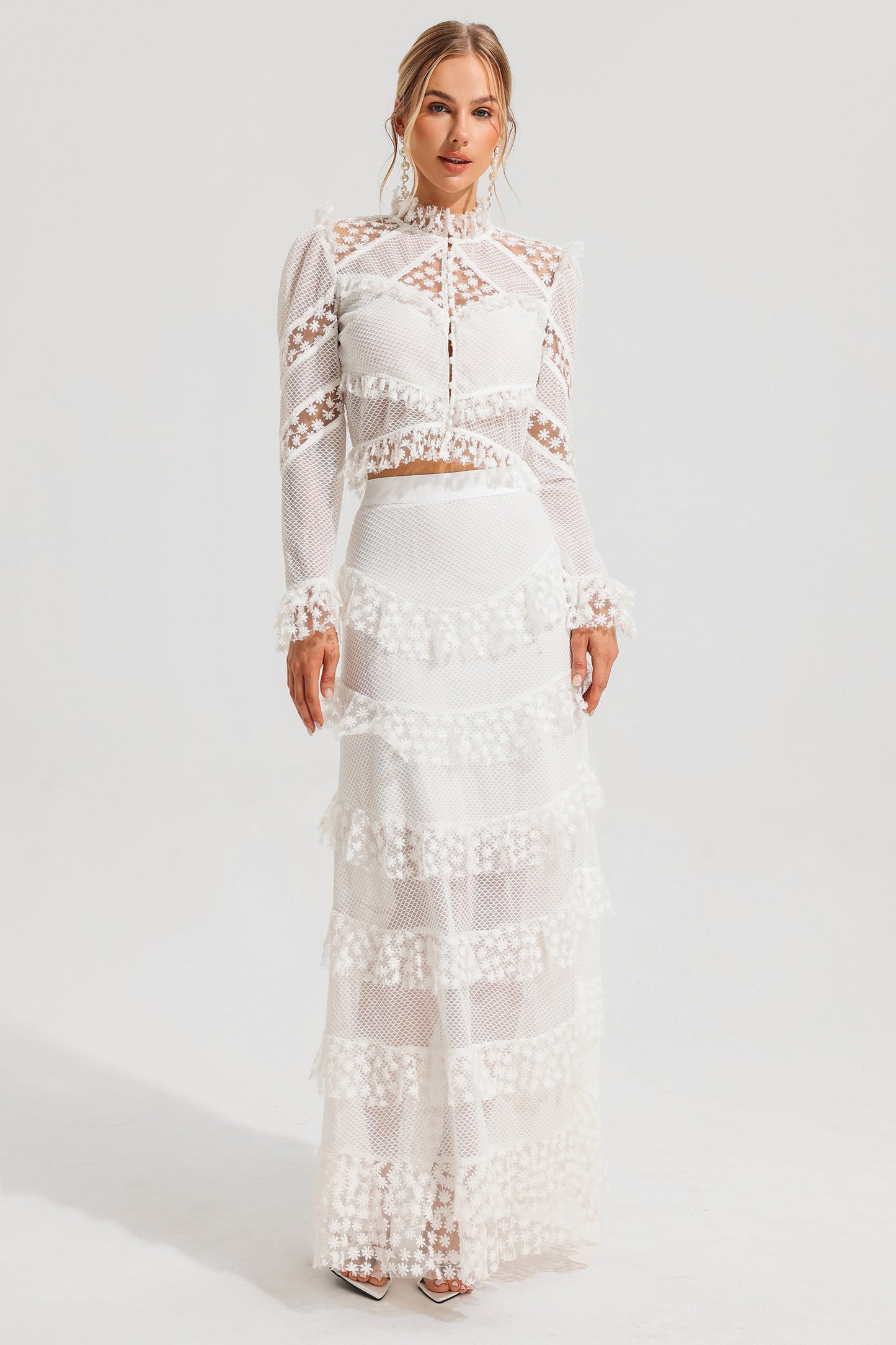 Embroidered Ball Sleeve Top & Ruffle Mid Waist Maxi Skirt Set