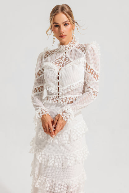 Embroidered Ball Sleeve Top & Ruffle Mid Waist Maxi Skirt Set