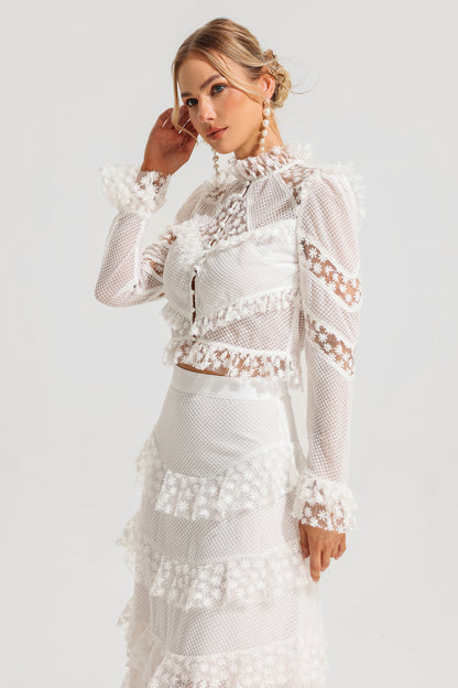 Embroidered Ball Sleeve Top & Ruffle Mid Waist Maxi Skirt Set