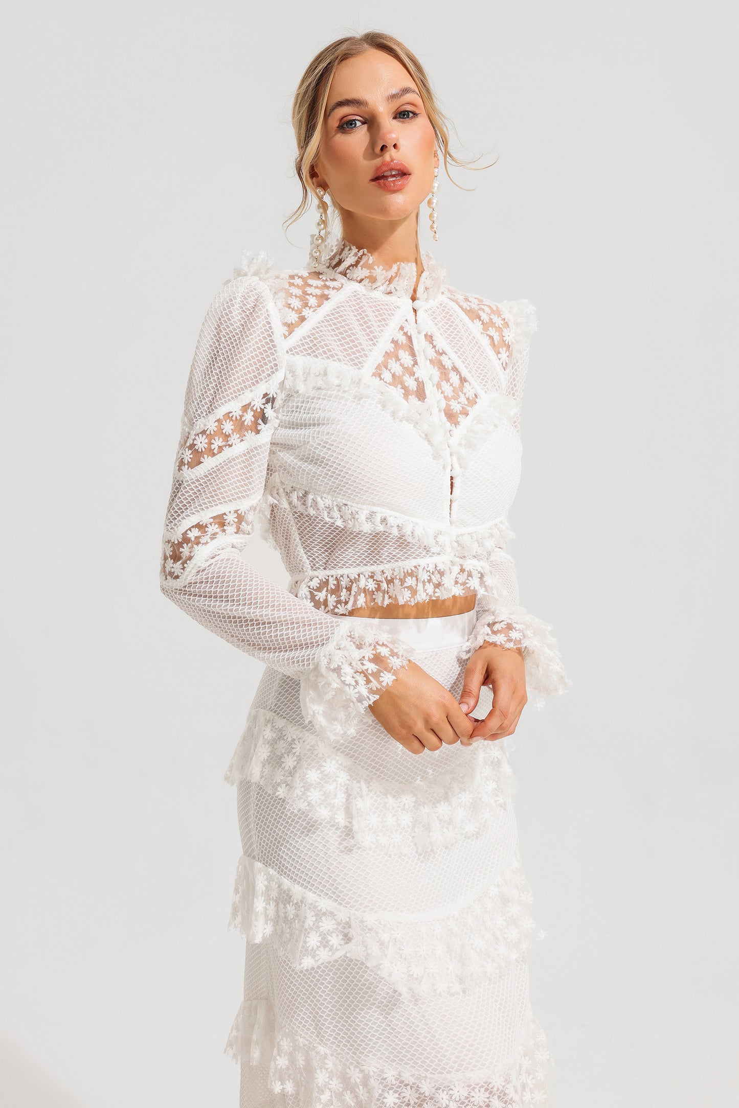 Embroidered Ball Sleeve Top & Ruffle Mid Waist Maxi Skirt Set