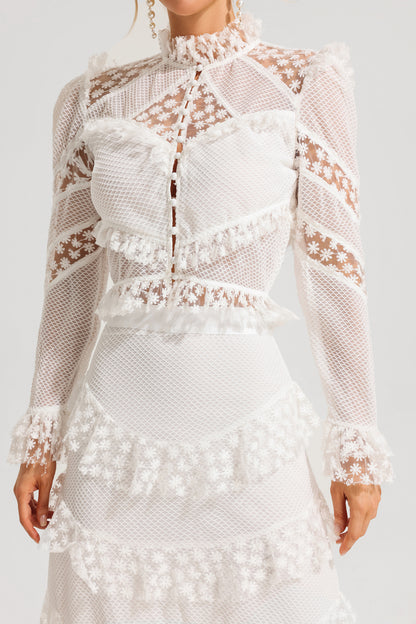 Embroidered Ball Sleeve Top & Ruffle Mid Waist Maxi Skirt Set