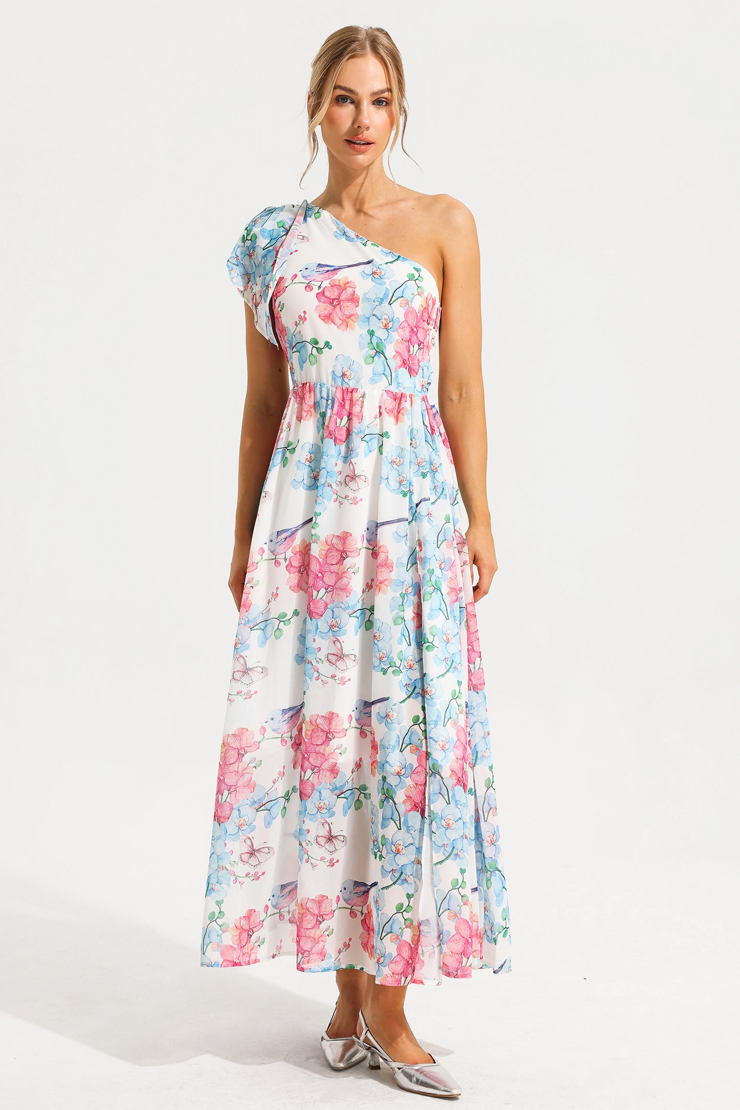 Floral One Shoulder Split Midi Dress