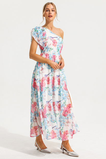 Floral One Shoulder Split Midi Dress