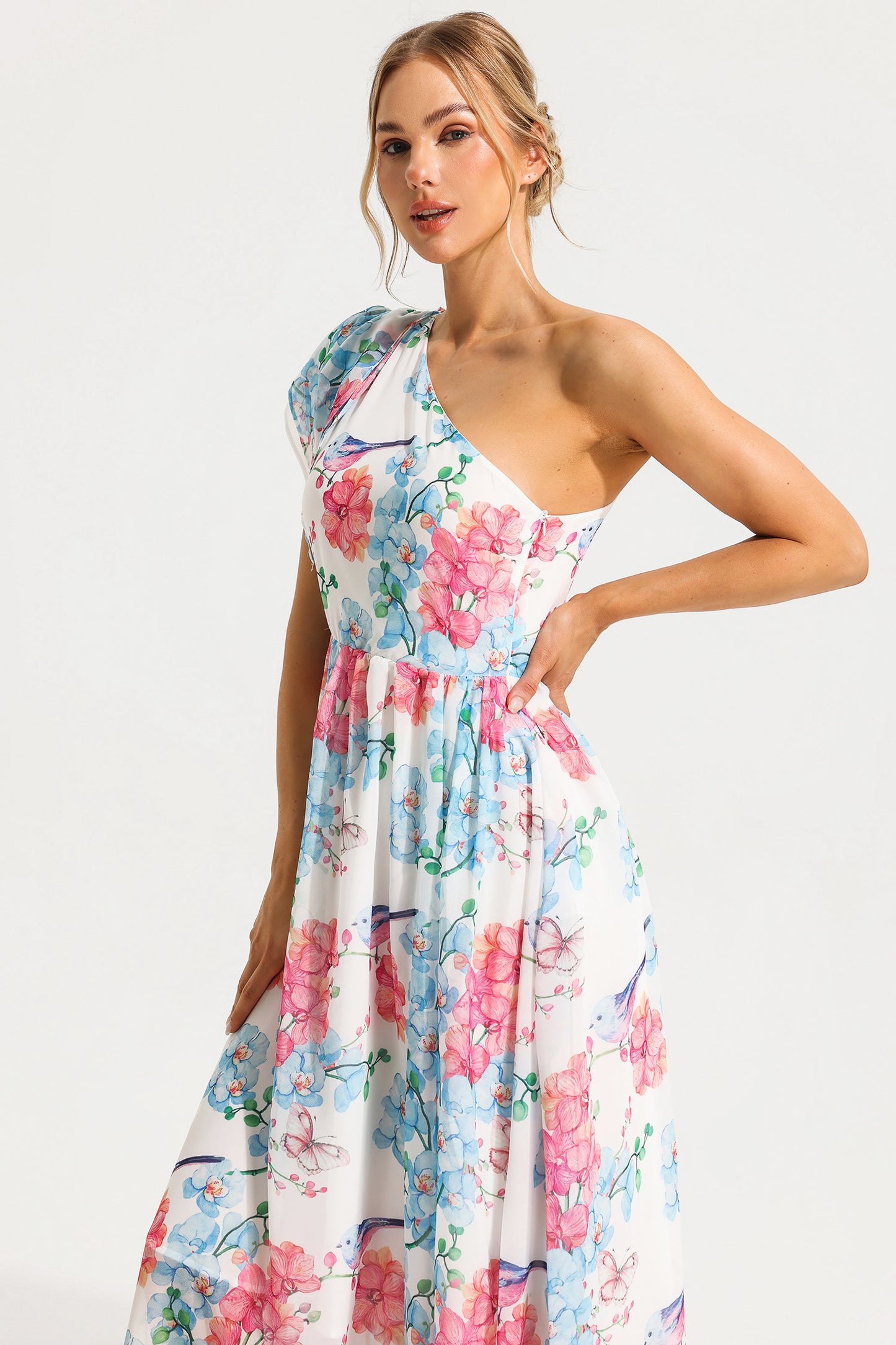 Floral One Shoulder Split Midi Dress