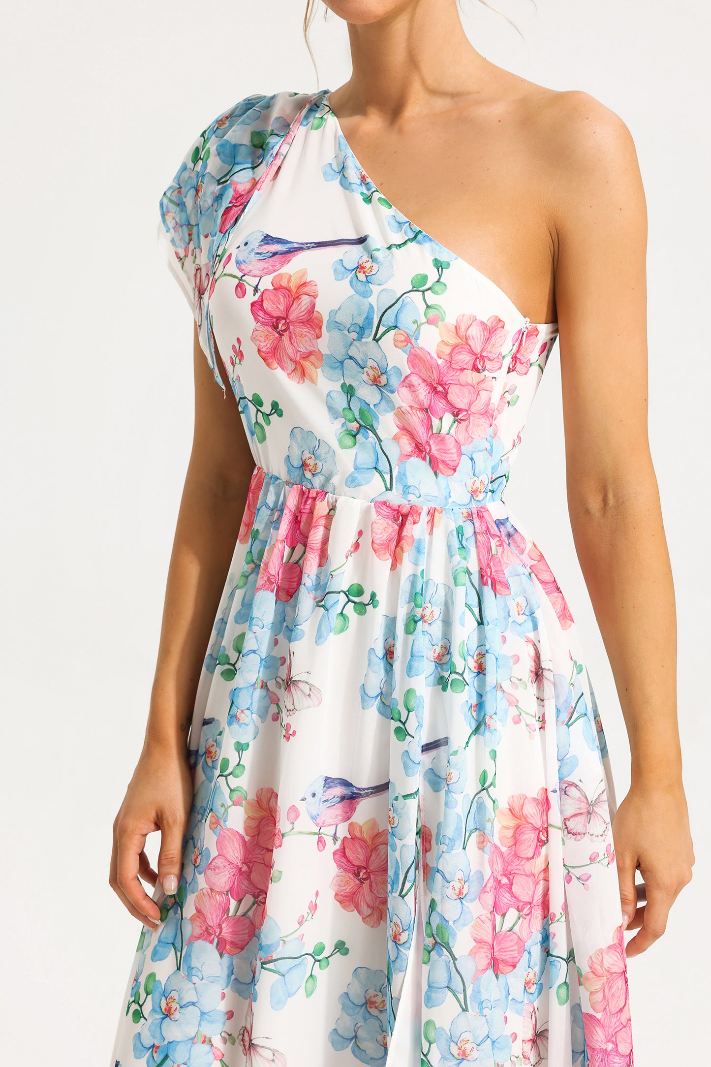 Floral One Shoulder Split Midi Dress