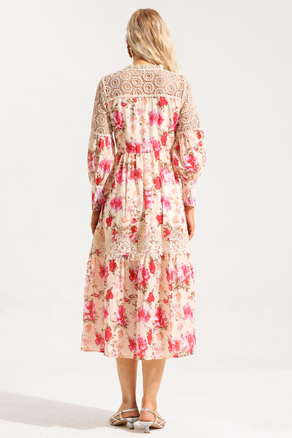 Floral Lace Lantern Sleeve Midi Dress