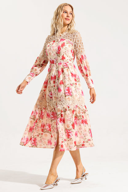 Floral Lace Lantern Sleeve Midi Dress