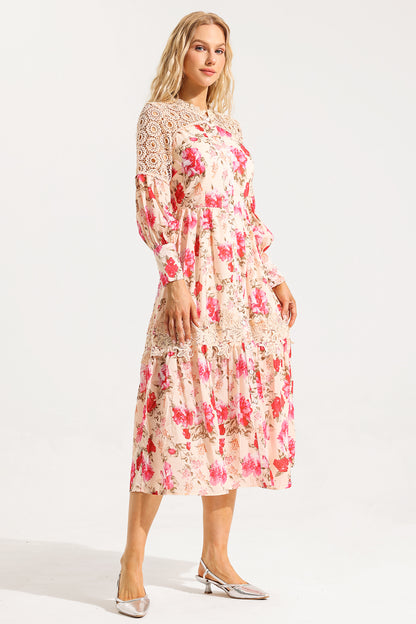 Floral Lace Lantern Sleeve Midi Dress