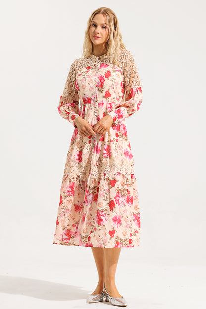 Floral Lace Lantern Sleeve Midi Dress