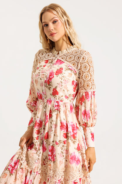 Floral Lace Lantern Sleeve Midi Dress