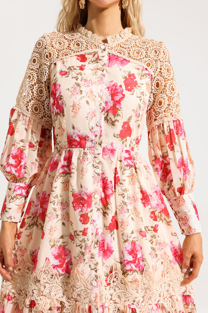 Floral Lace Lantern Sleeve Midi Dress