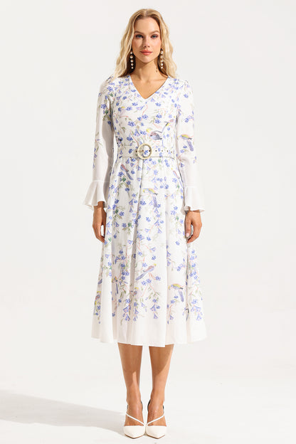 Floral V-Neck Long Sleeve Midi Dress With Belt