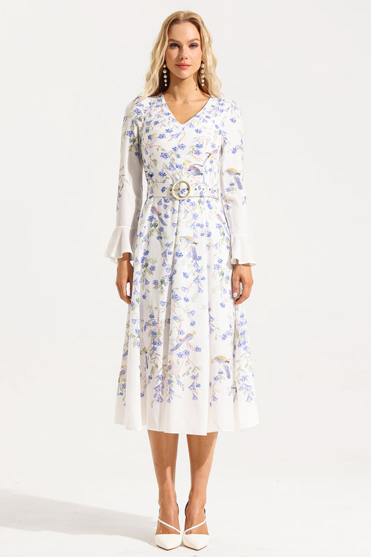Floral V-Neck Long Sleeve Midi Dress With Belt