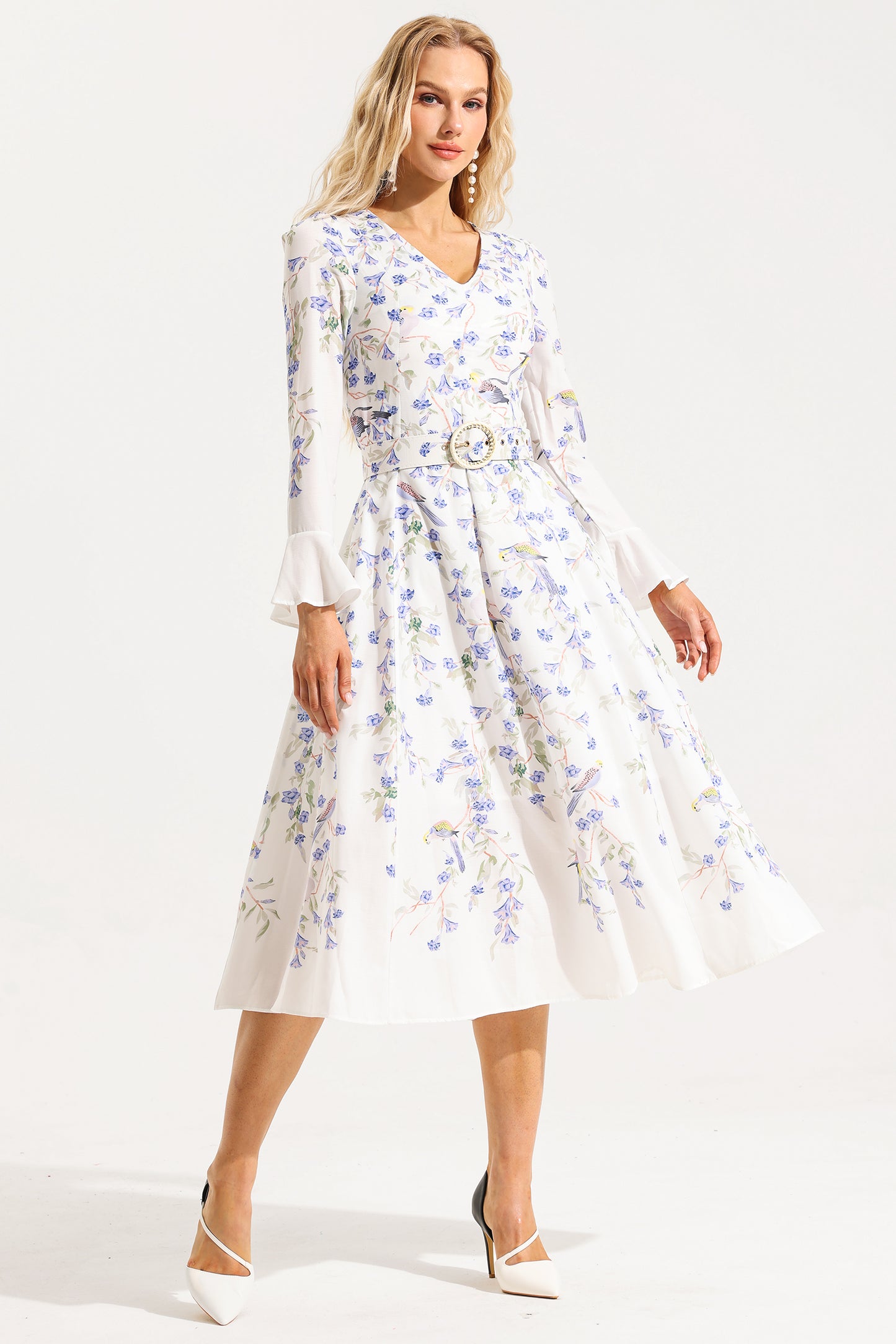 Floral V-Neck Long Sleeve Midi Dress With Belt