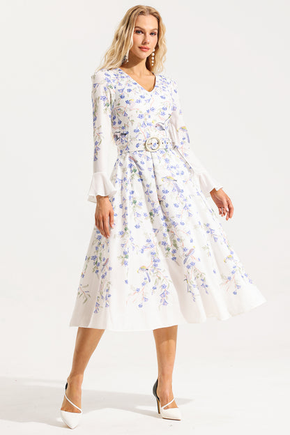 Floral V-Neck Long Sleeve Midi Dress With Belt
