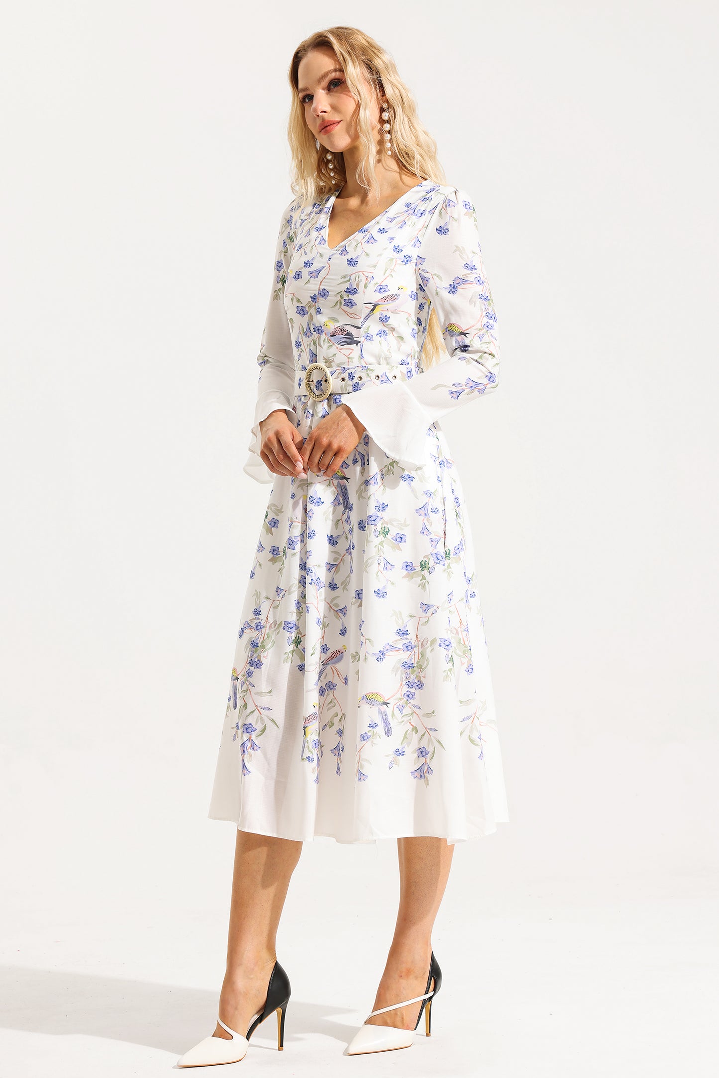Floral V-Neck Long Sleeve Midi Dress With Belt