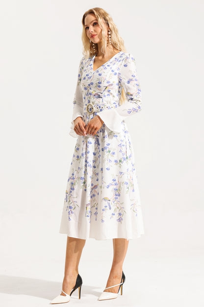 Floral V-Neck Long Sleeve Midi Dress With Belt