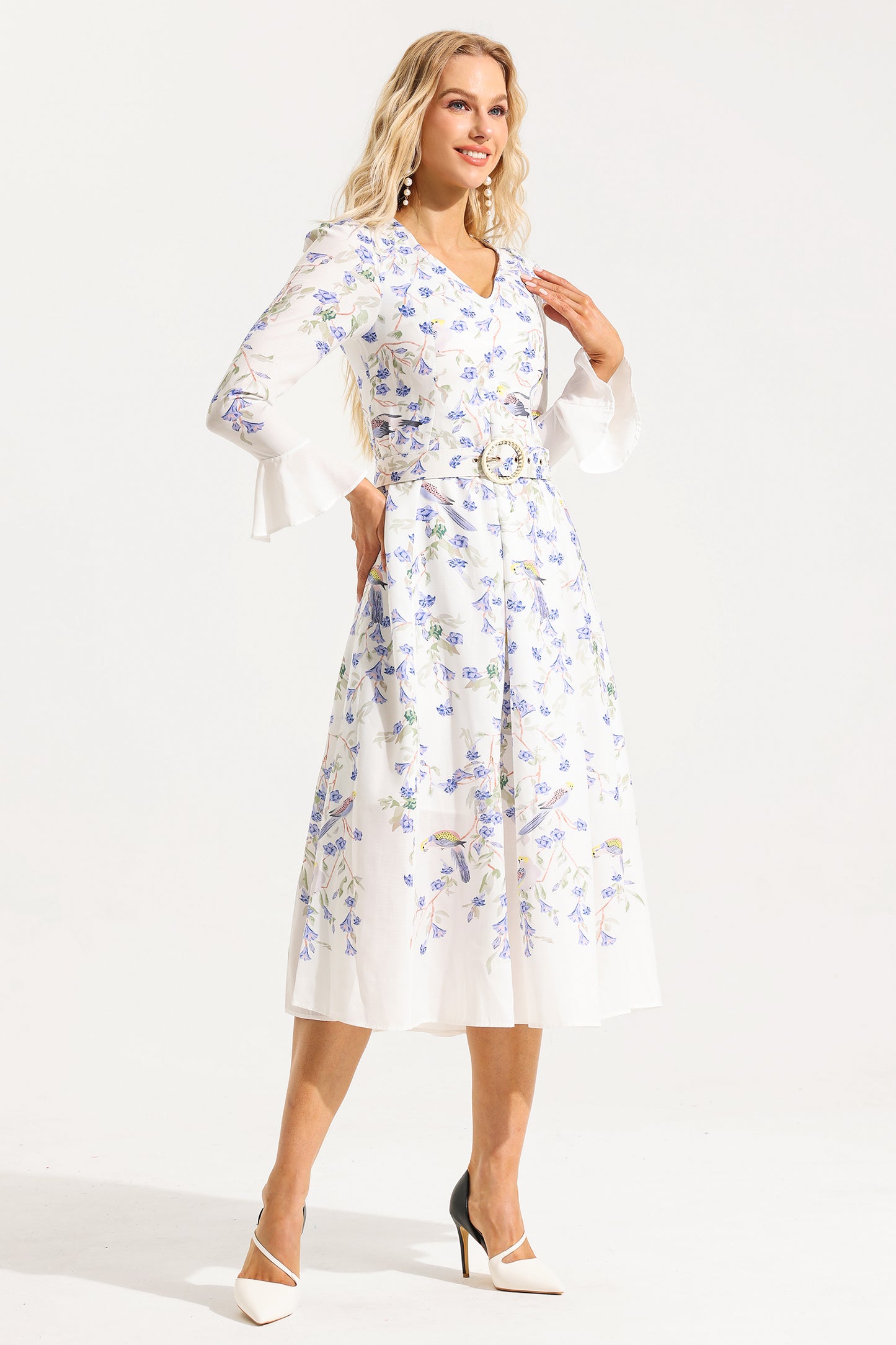 Floral V-Neck Long Sleeve Midi Dress With Belt