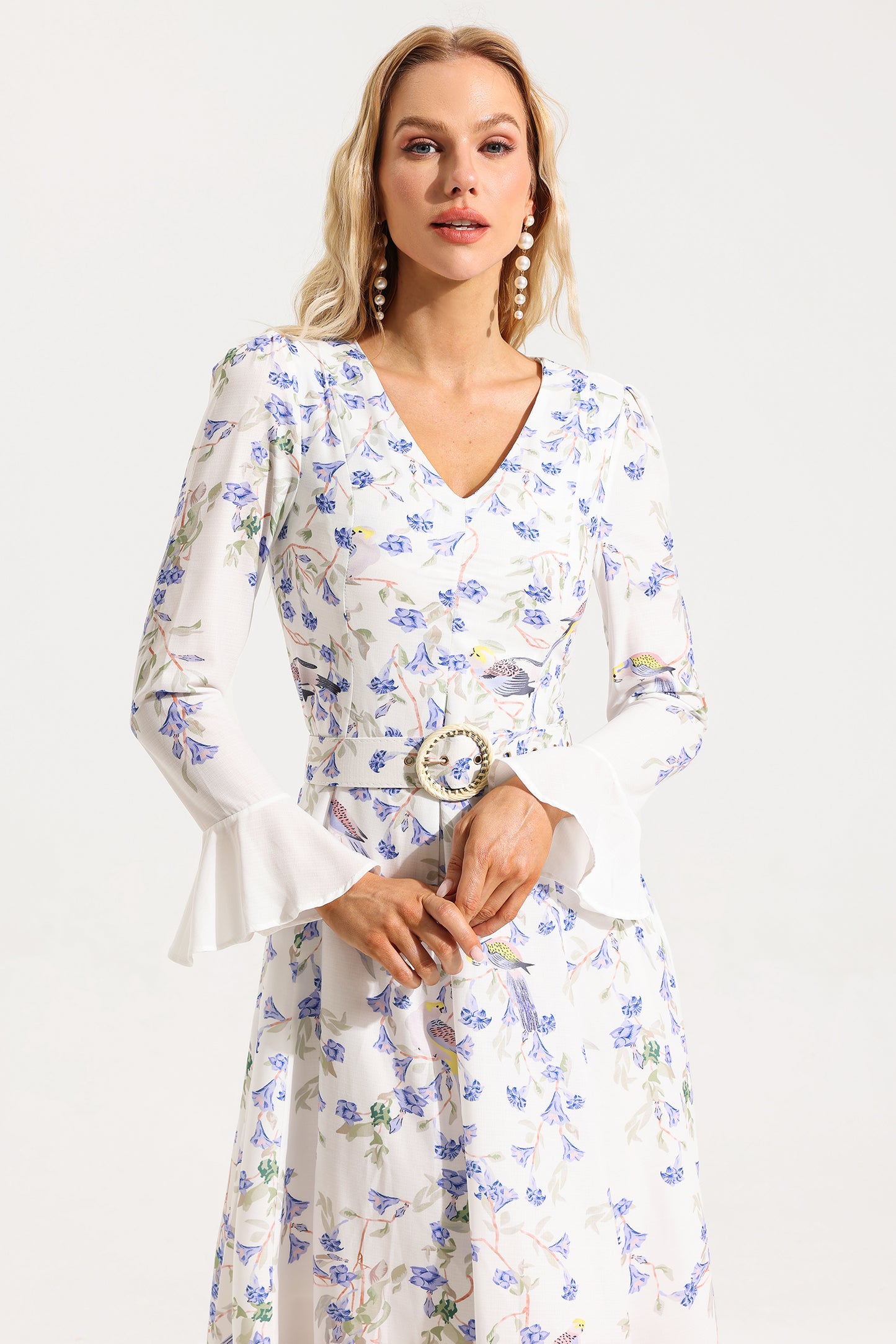 Floral V-Neck Long Sleeve Midi Dress With Belt