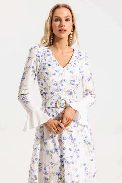 Floral V-Neck Long Sleeve Midi Dress With Belt