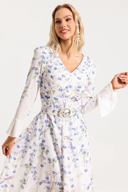 Floral V-Neck Long Sleeve Midi Dress With Belt