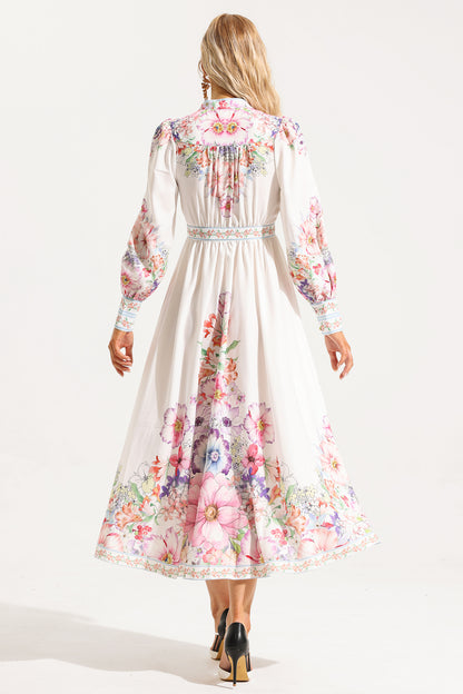 Frill Button Long Sleeve Midi Dress