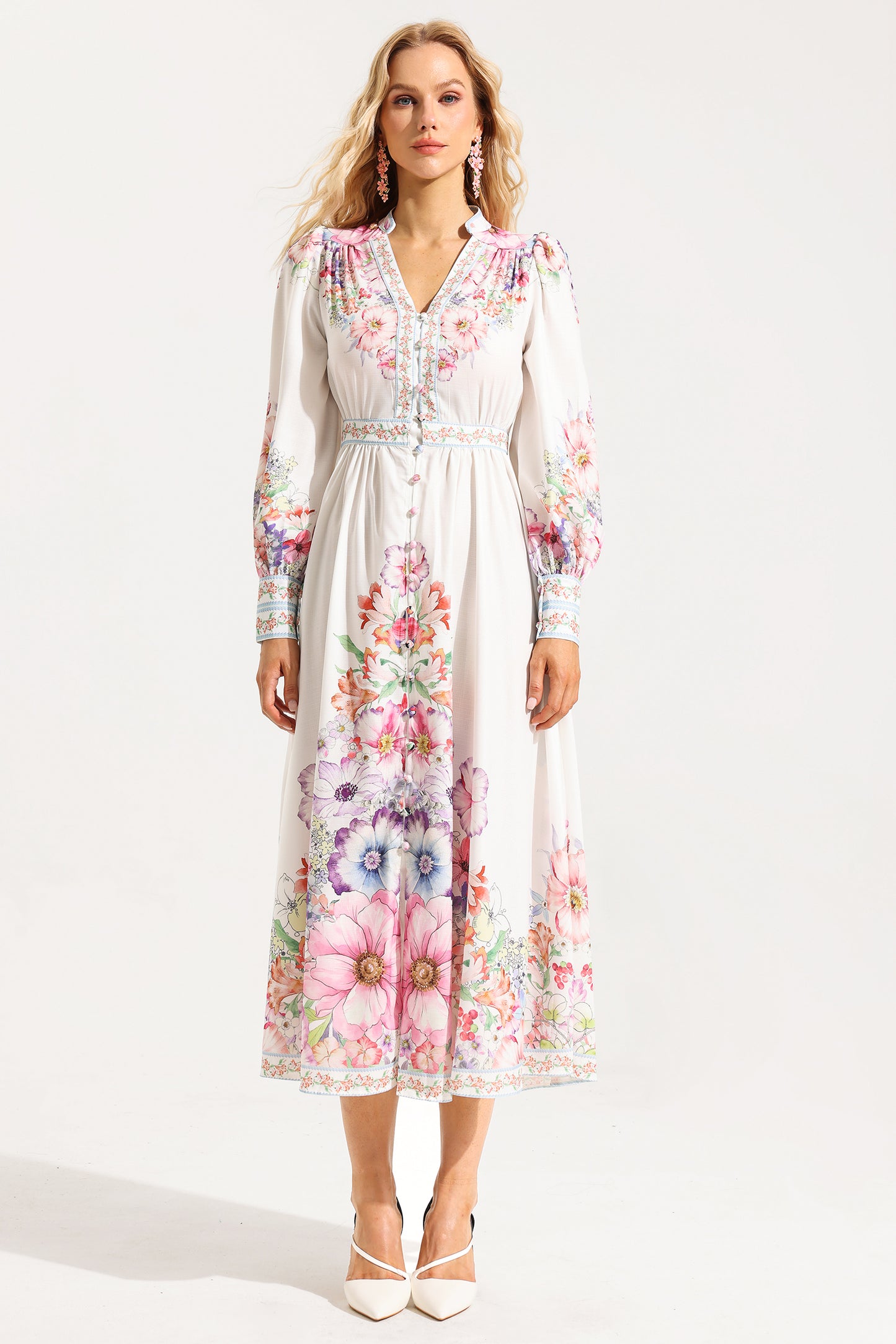 Frill Button Long Sleeve Midi Dress