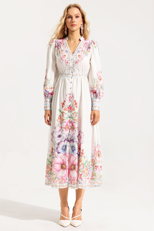 Frill Button Long Sleeve Midi Dress