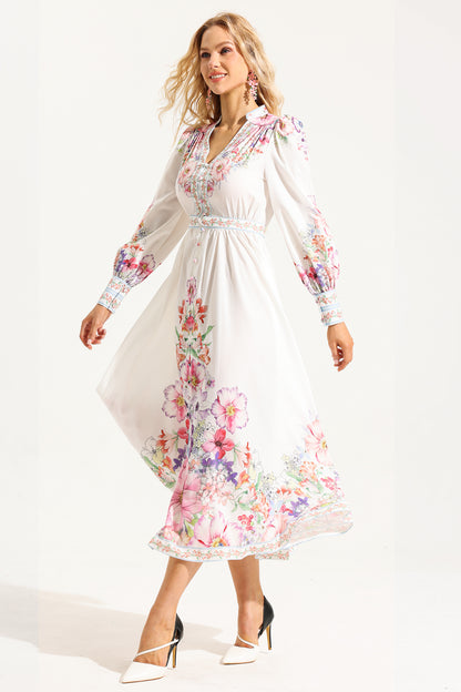 Frill Button Long Sleeve Midi Dress