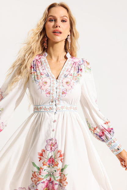 Frill Button Long Sleeve Midi Dress