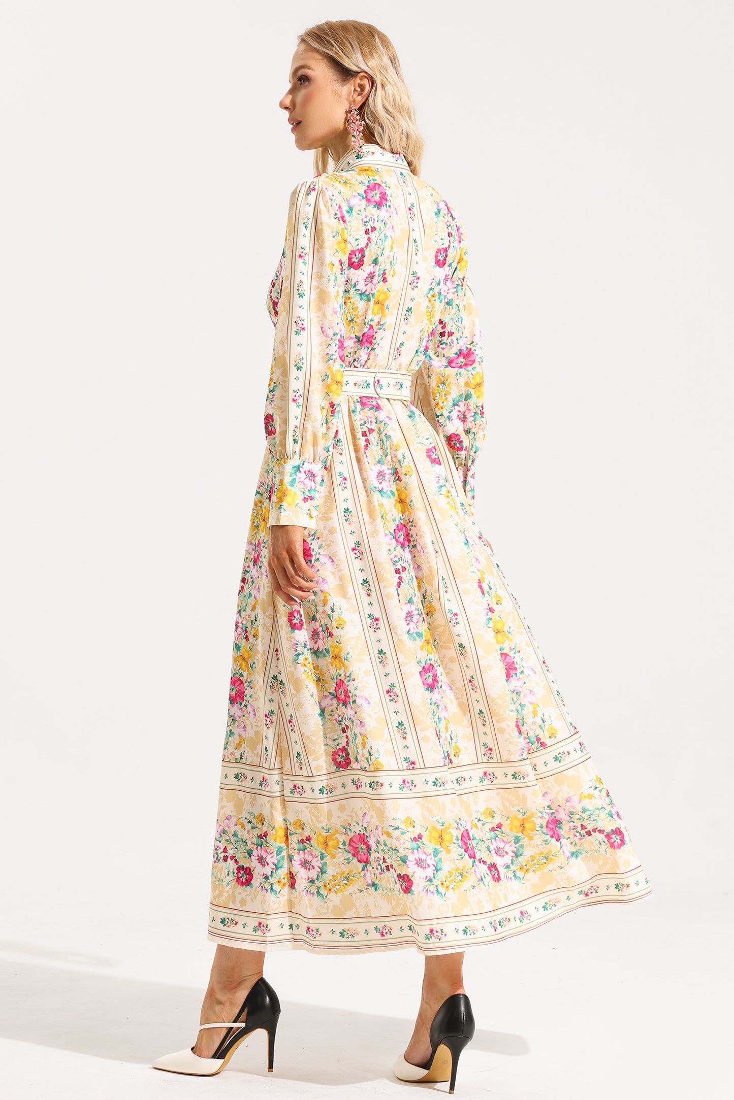 Floral Button Long Sleeve Midi Dress With Belt