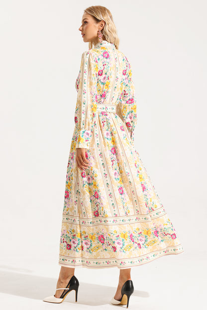 Floral Button Long Sleeve Midi Dress With Belt