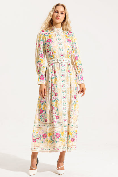 Floral Button Long Sleeve Midi Dress With Belt
