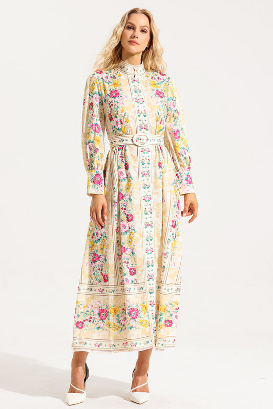 Floral Button Long Sleeve Midi Dress With Belt