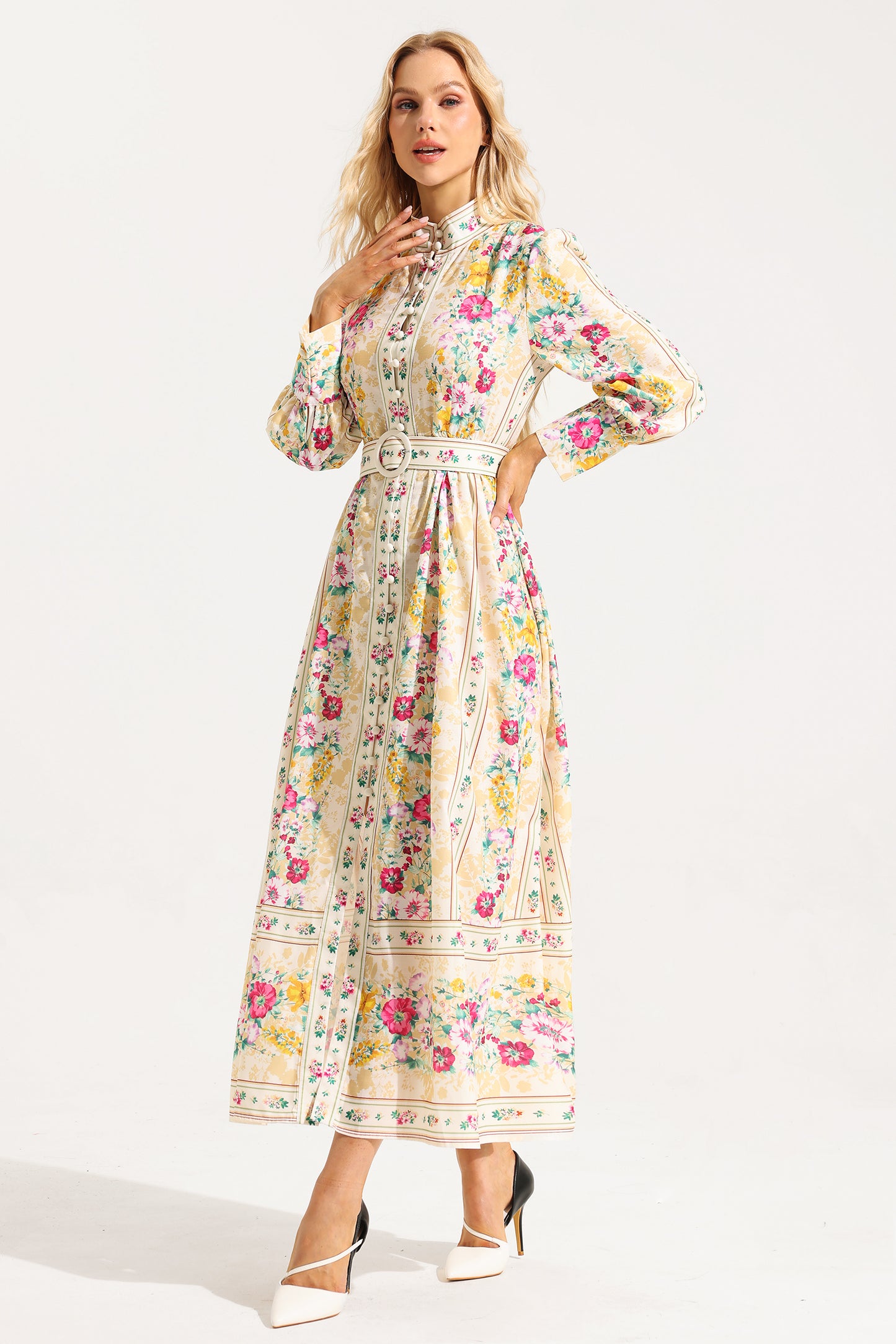 Floral Button Long Sleeve Midi Dress With Belt