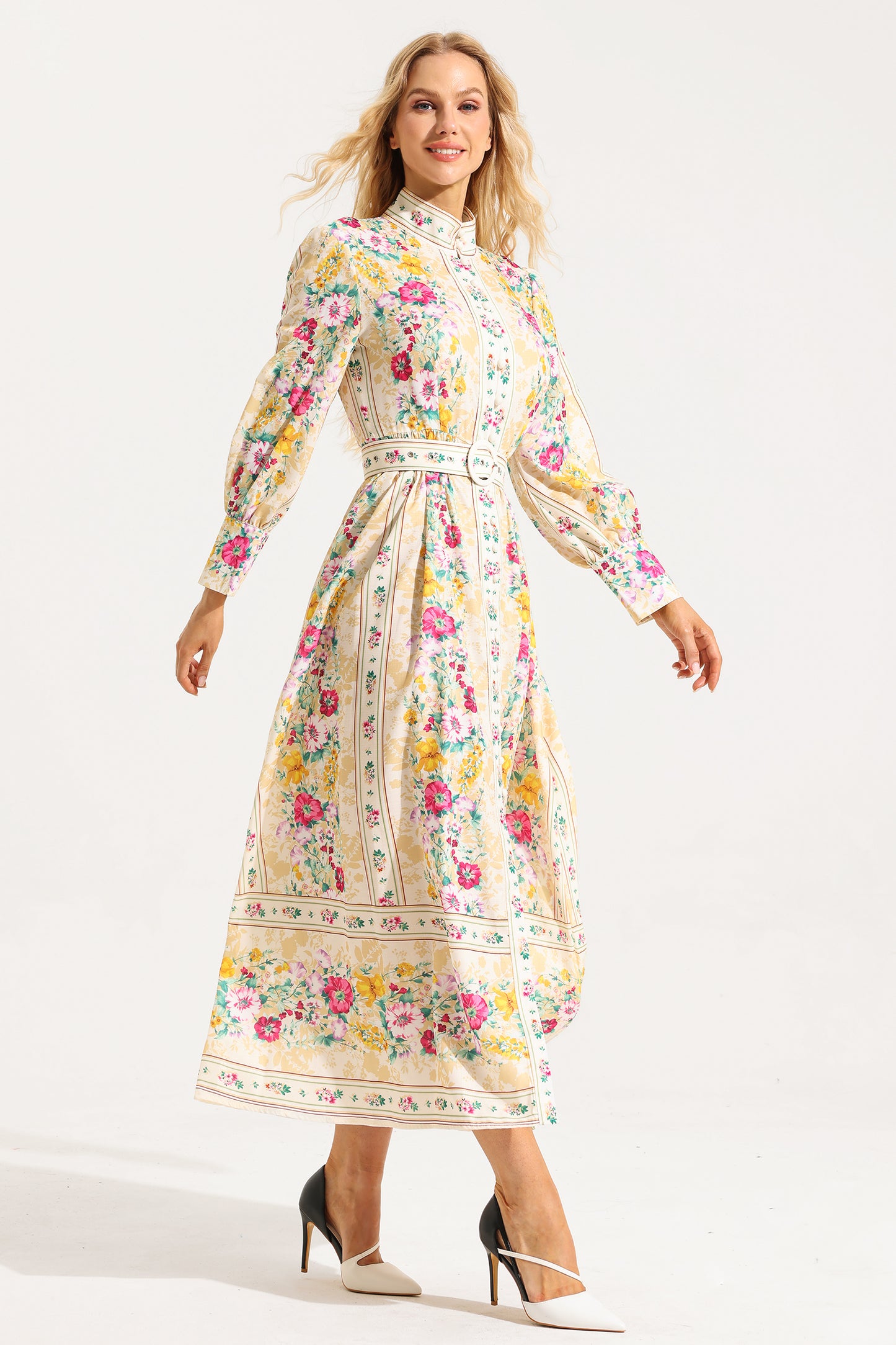 Floral Button Long Sleeve Midi Dress With Belt