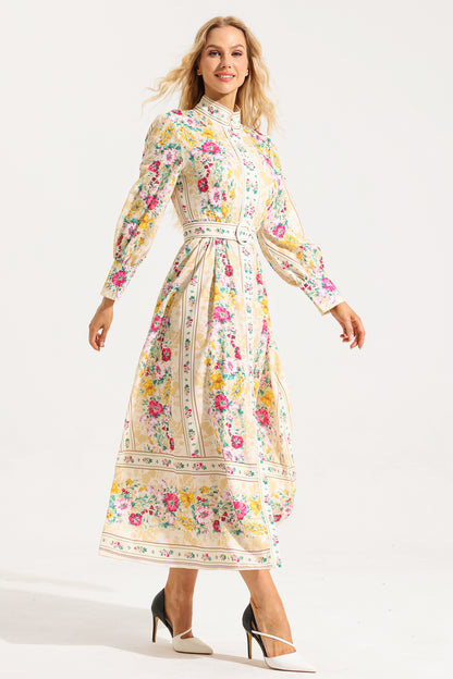 Floral Button Long Sleeve Midi Dress With Belt