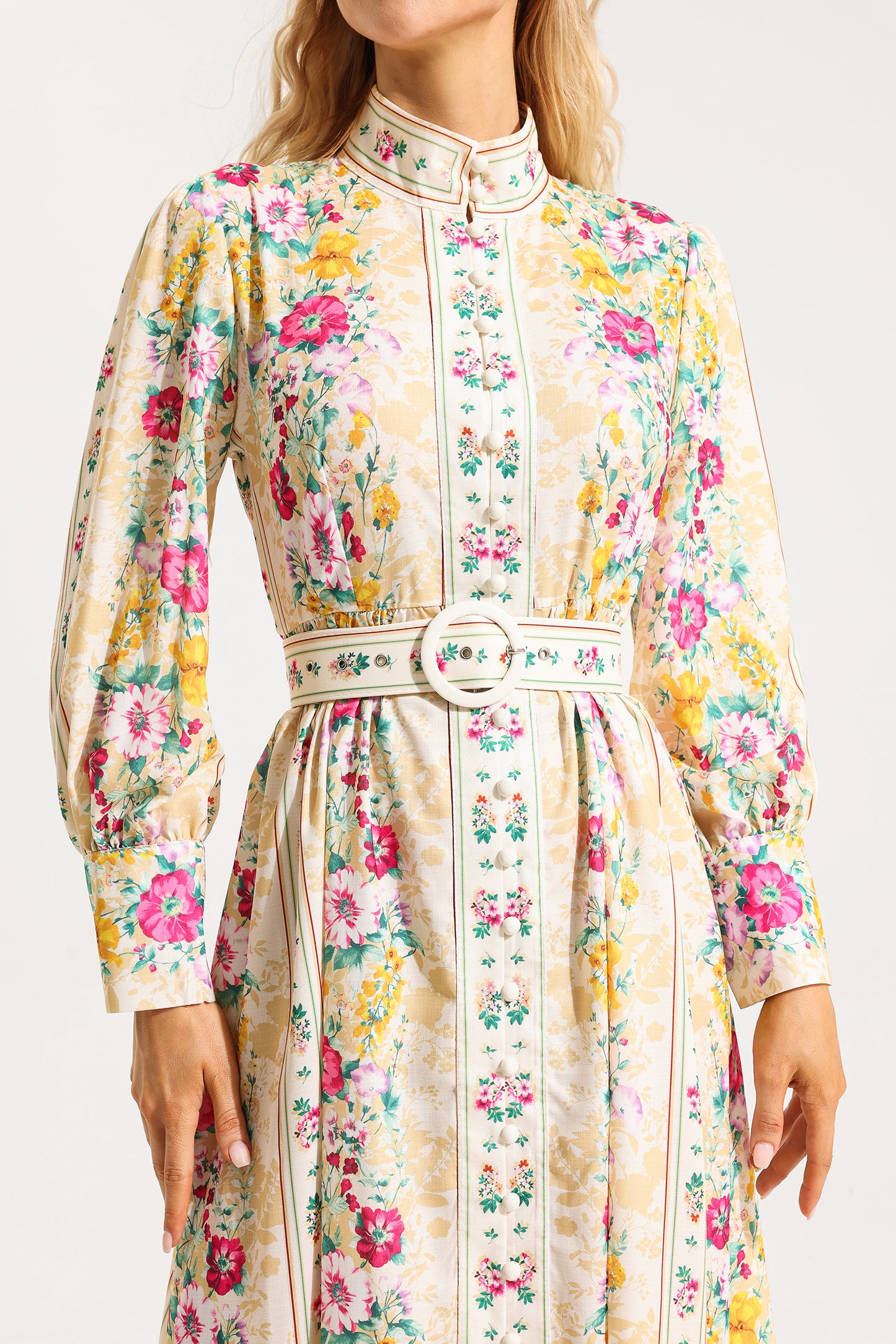Floral Button Long Sleeve Midi Dress With Belt