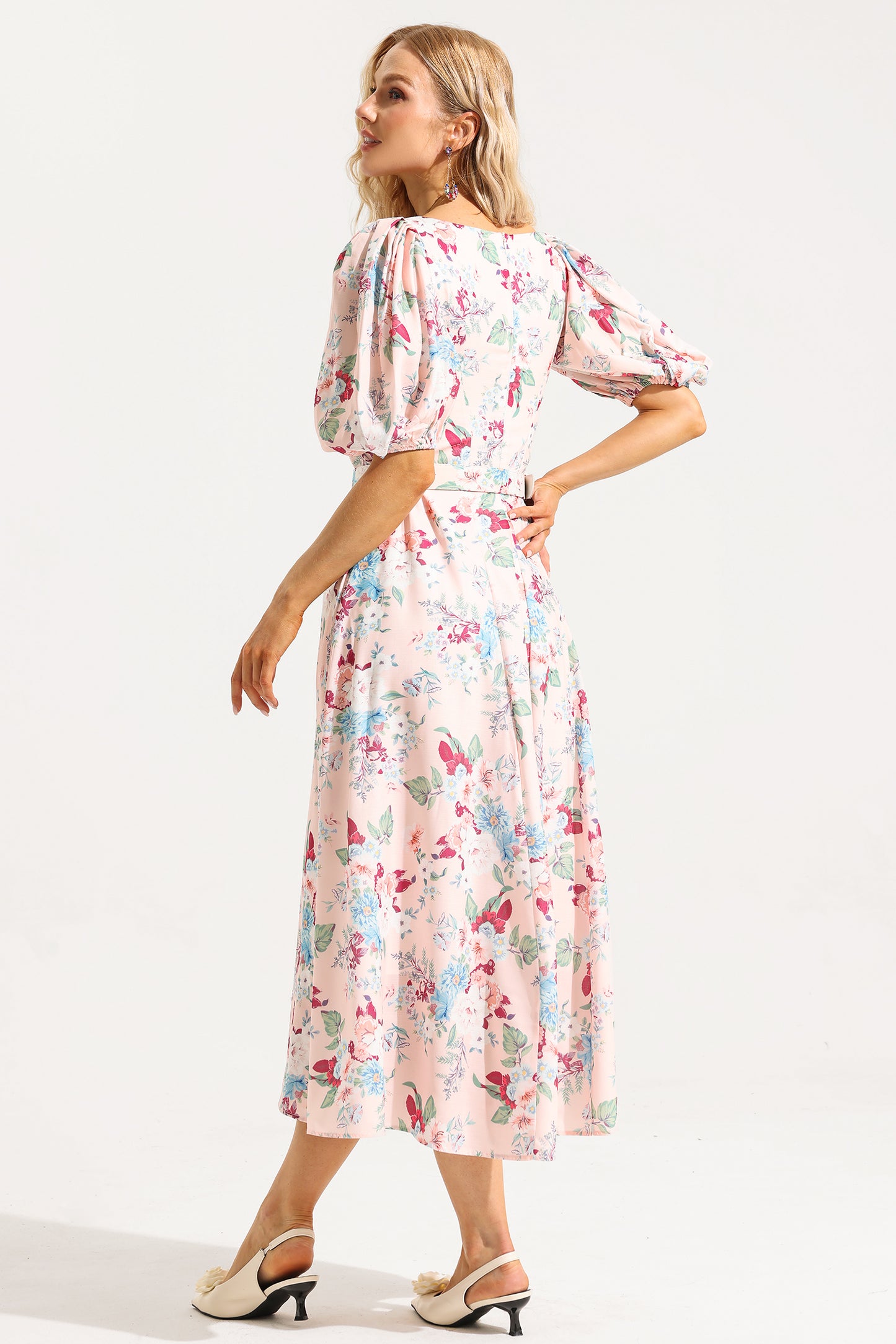 Floral V-Neck Puff Sleeve Midi Dress With Belt