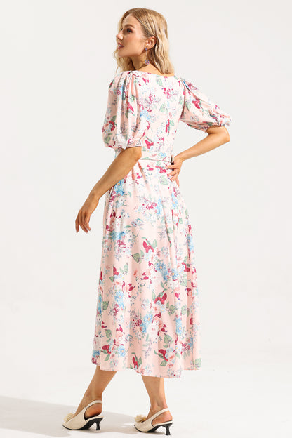 Floral V-Neck Puff Sleeve Midi Dress With Belt