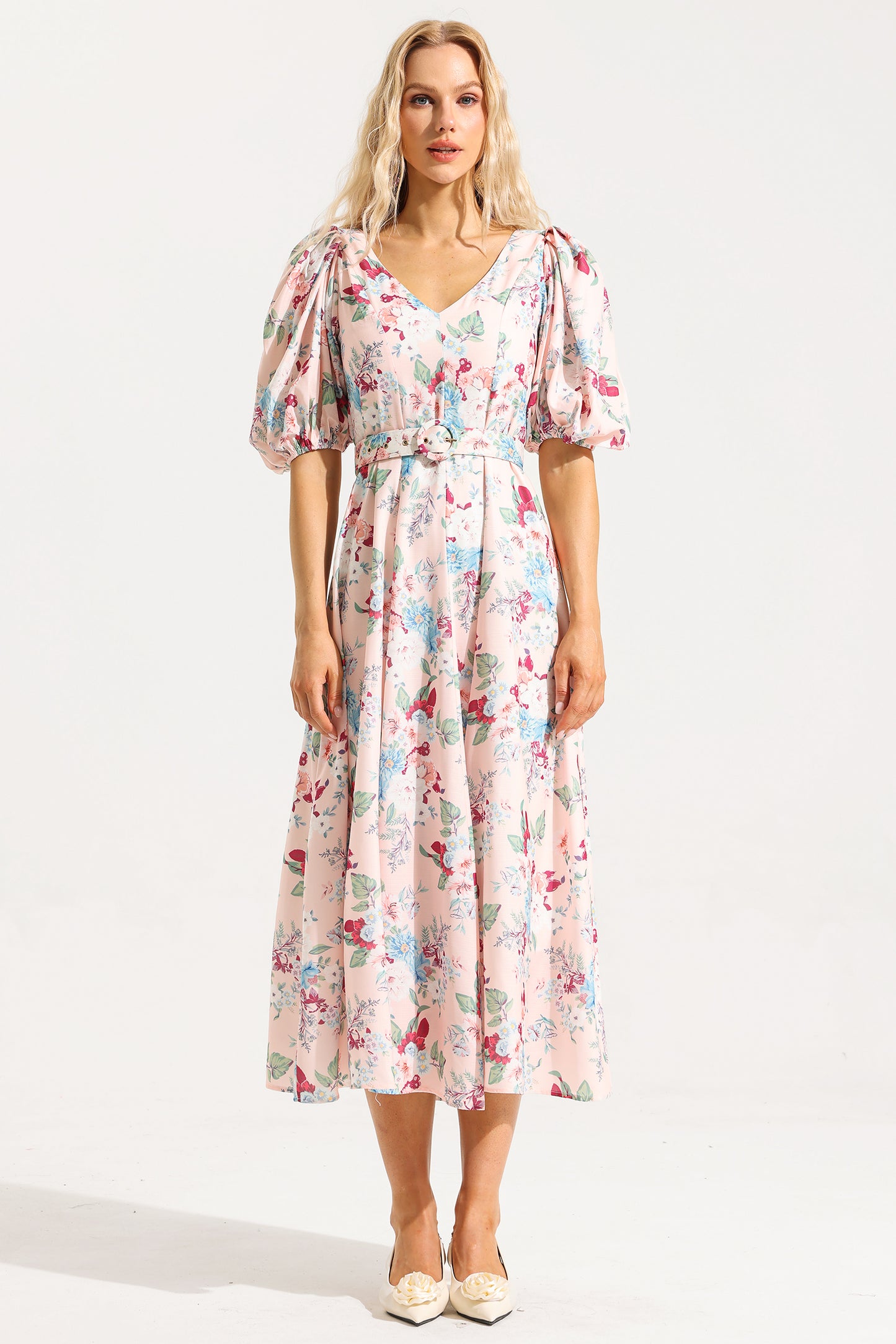 Floral V-Neck Puff Sleeve Midi Dress With Belt