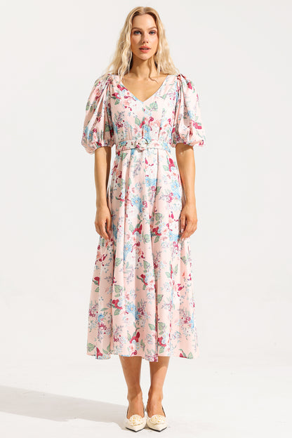 Floral V-Neck Puff Sleeve Midi Dress With Belt