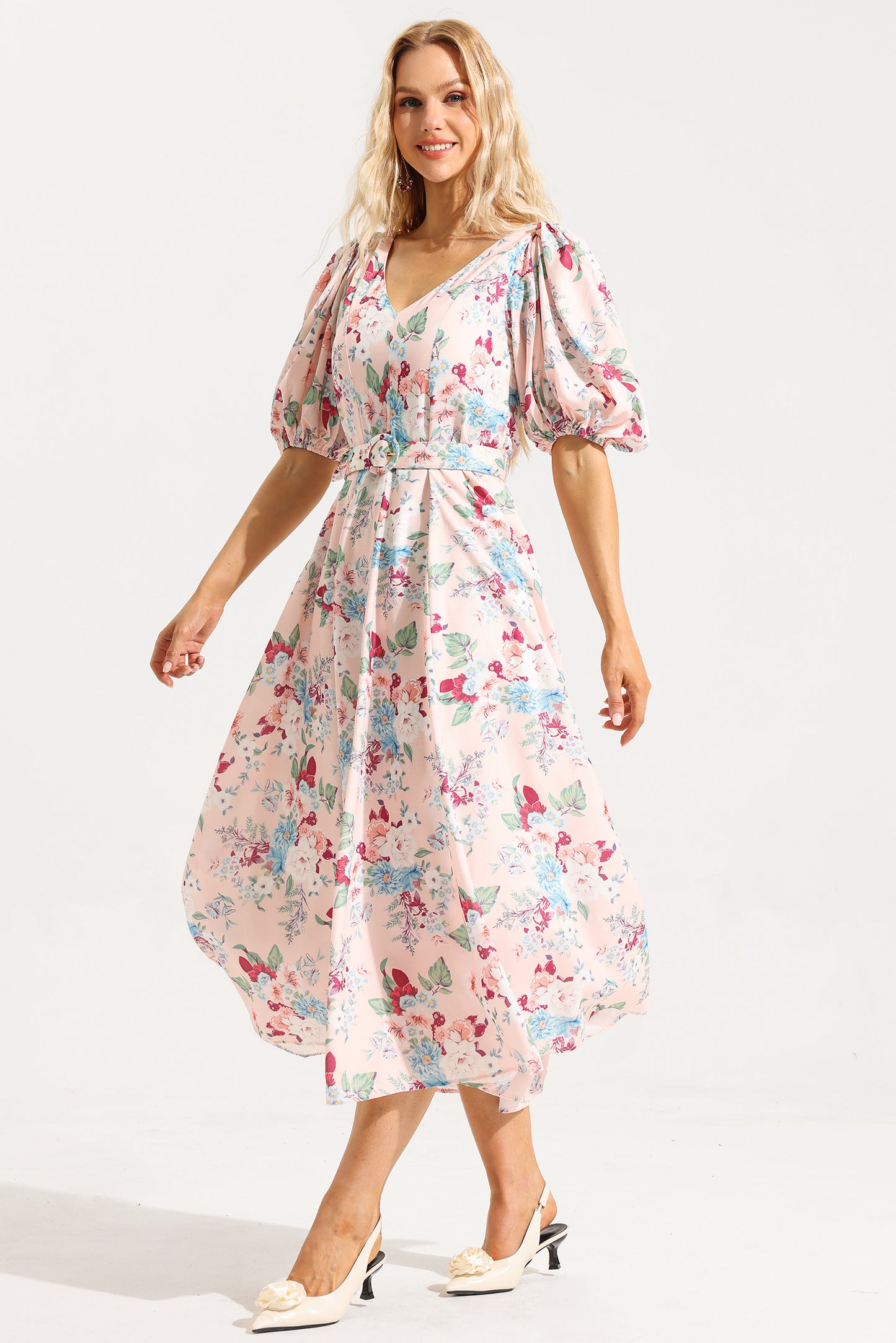 Floral V-Neck Puff Sleeve Midi Dress With Belt
